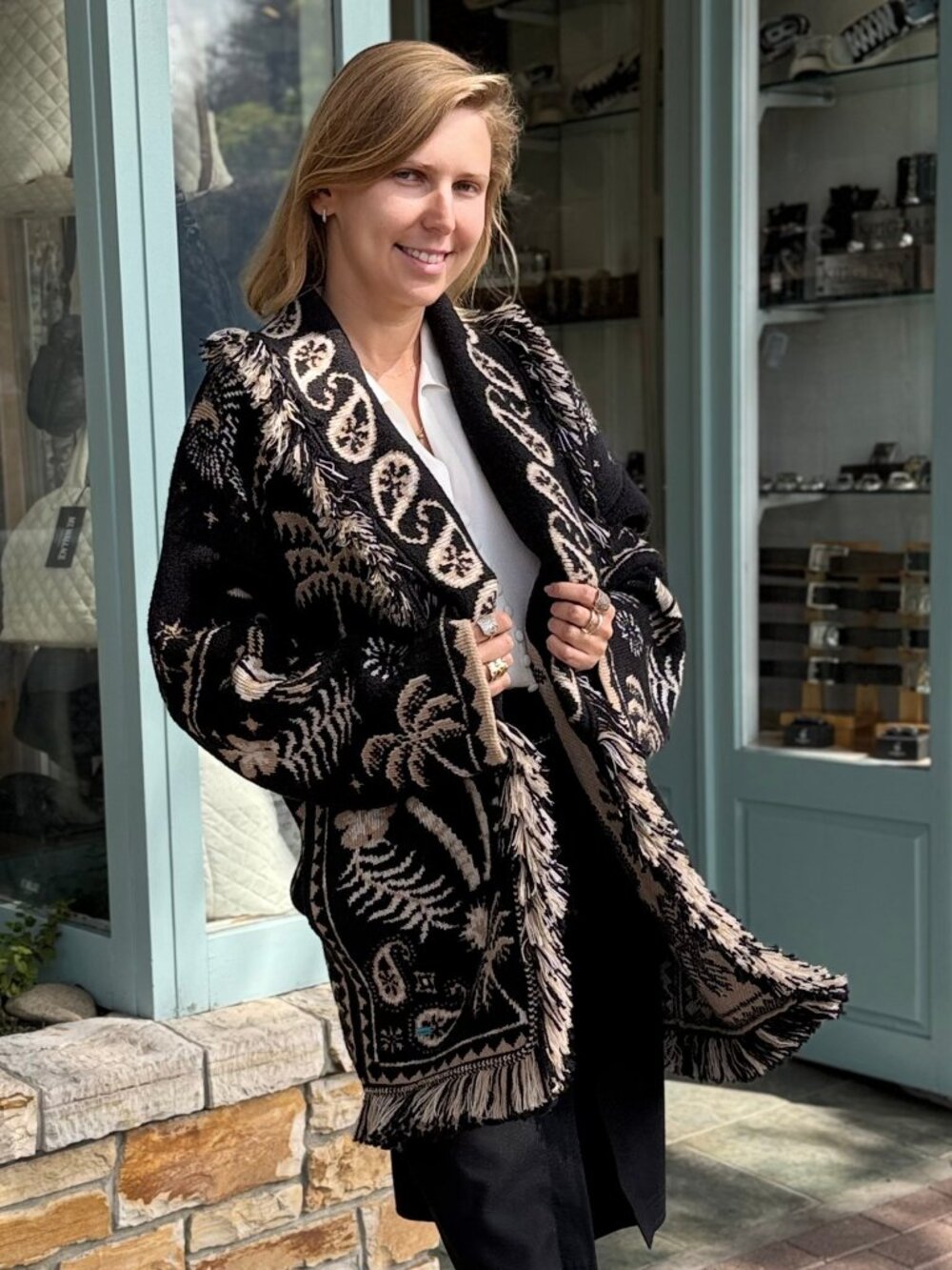 ALANUI Lush Nature Foulard Cardigan in Black Sandstorm, Size Large